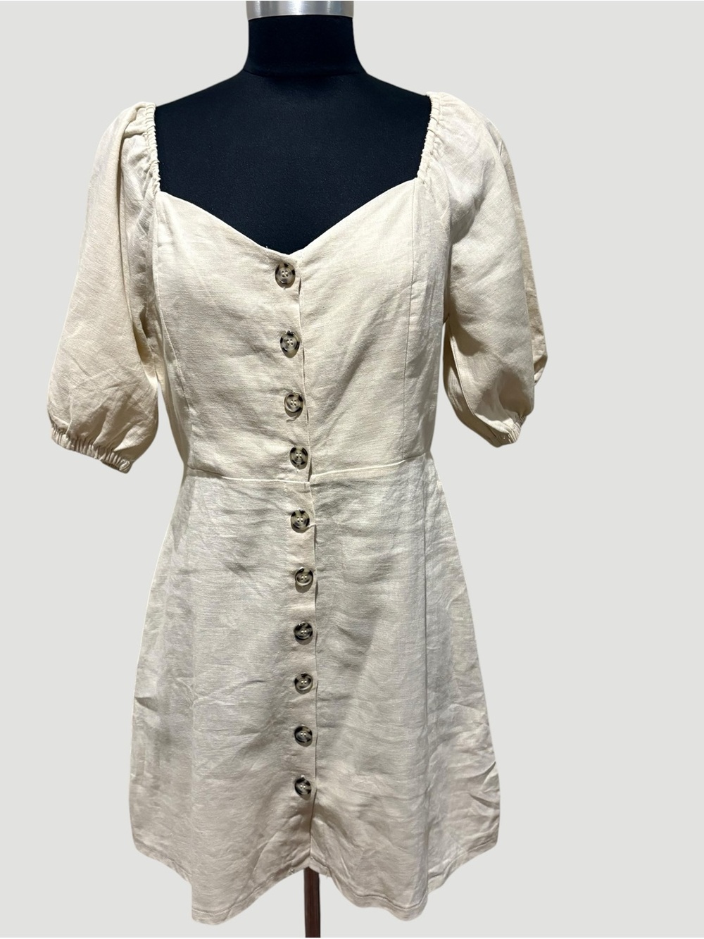 Lush  tan linen rayon Button-Front Puff Sleeve Mini Dress size S
